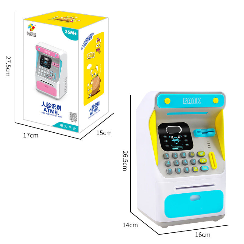Toy ATM machine with dimensions and packaging on a white background