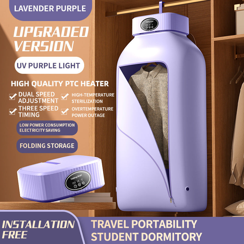 Purple UV sterilizer with text highlighting features on a wooden background