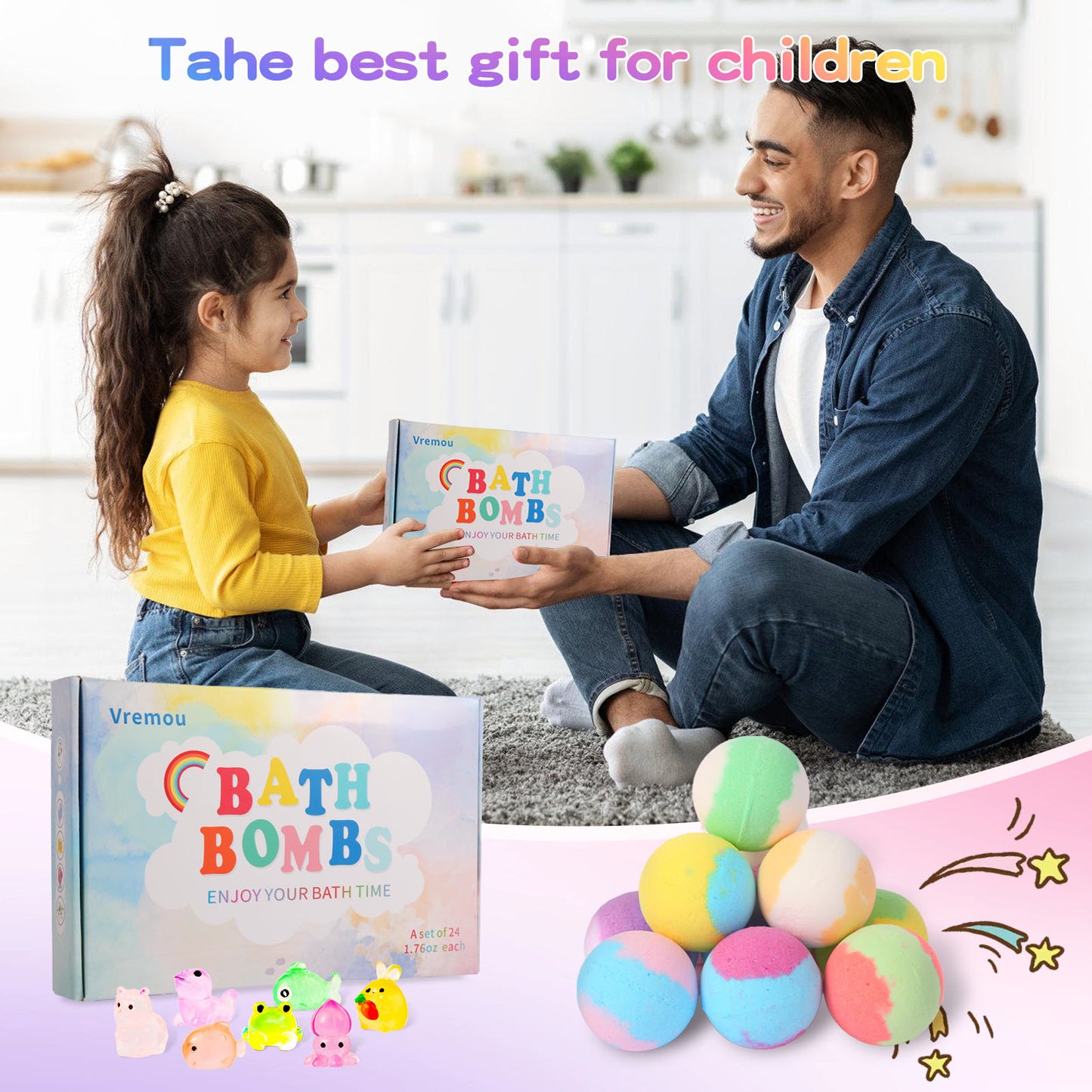 Man and child with Vremi bath bombs packaging, colorful bath bombs on a pink background