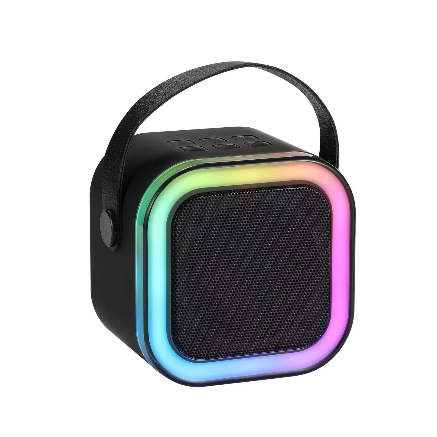 Black portable speaker with colorful LED rim on a white background