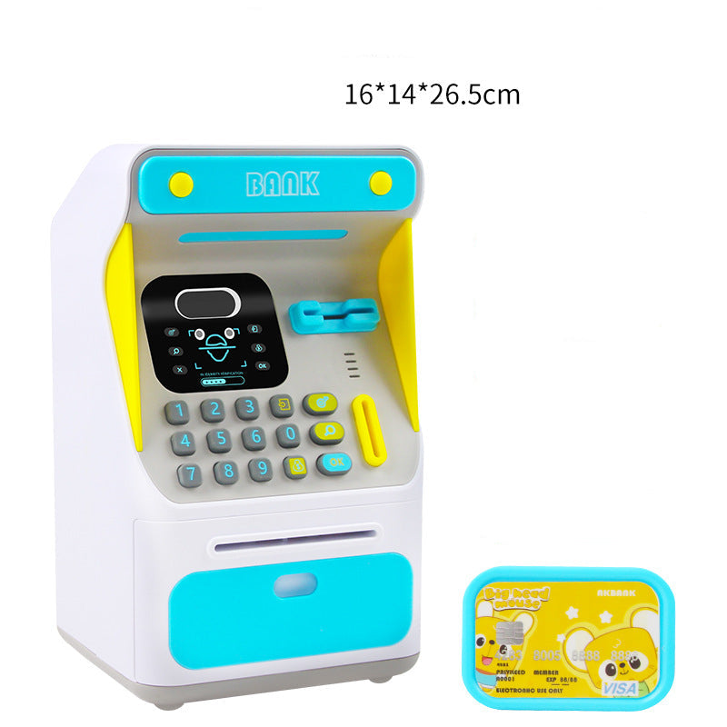 Toy ATM machine with colorful design on a white background