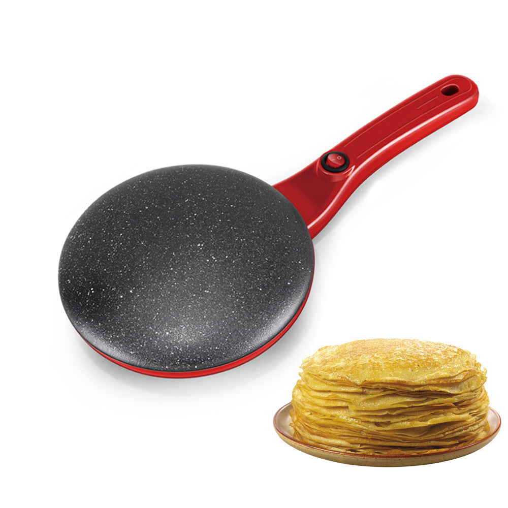 Red and black crepe maker with a stack of crepes on a white background