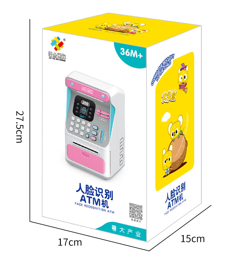 Box packaging of a toy ATM machine with cartoon design, dimensions indicated.