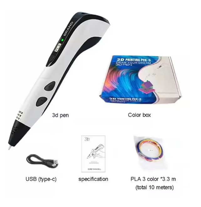 3D printing pen with USB cable, color box, and specifications on a white background