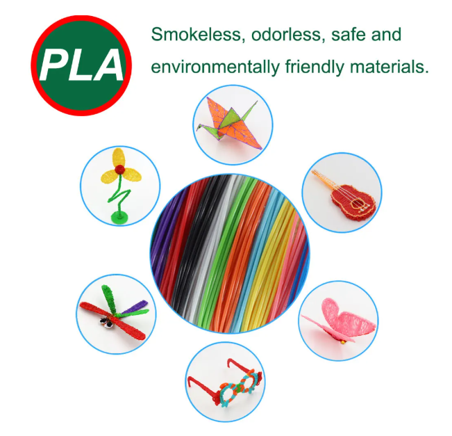 Colorful PLA filament and 3D printed models with 'PLA' logo and safety information.