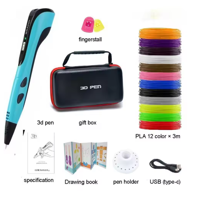Collage of 3D pen, gift box, PLA filament, drawing book, pen holder, and USB cable on a white background.