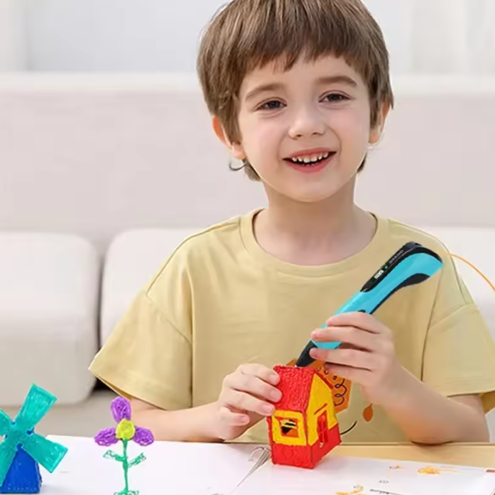 Child holding a toy construction set with colorful components on a light background