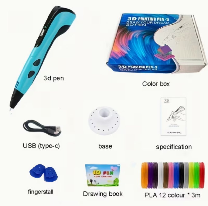 3D printing pen with accessories including USB cable, base, and colored filaments on a white background.