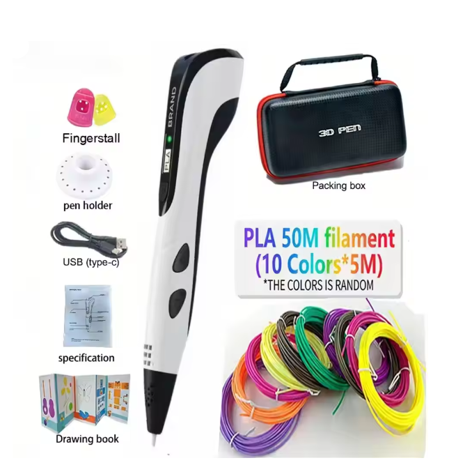 3D pen set with accessories including pen, filament, and packaging on a white background