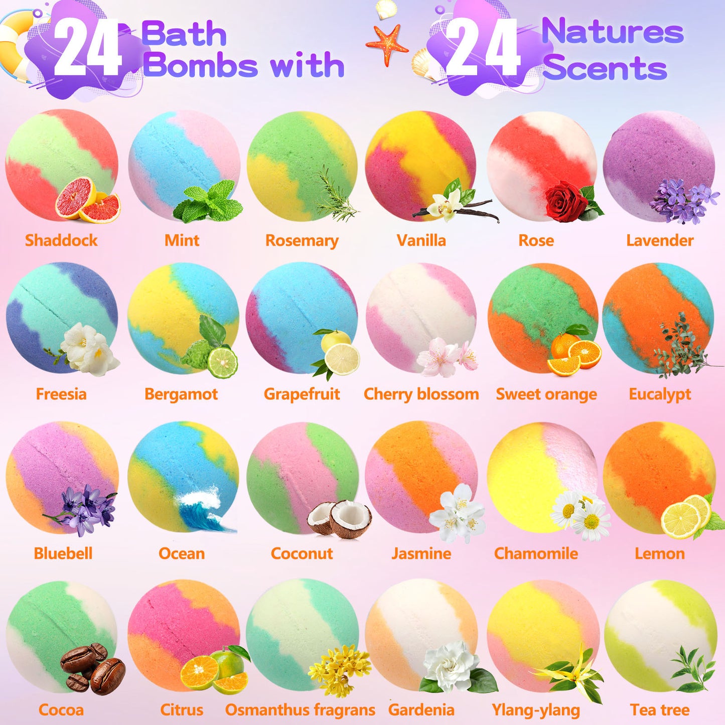24 bath bombs with various scents displayed in a grid.