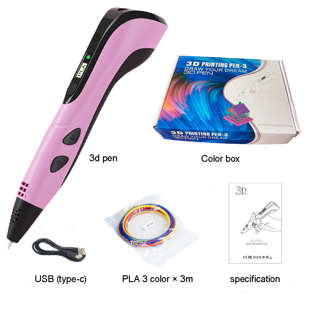 Pink 3D printing pen with accessories on a white background