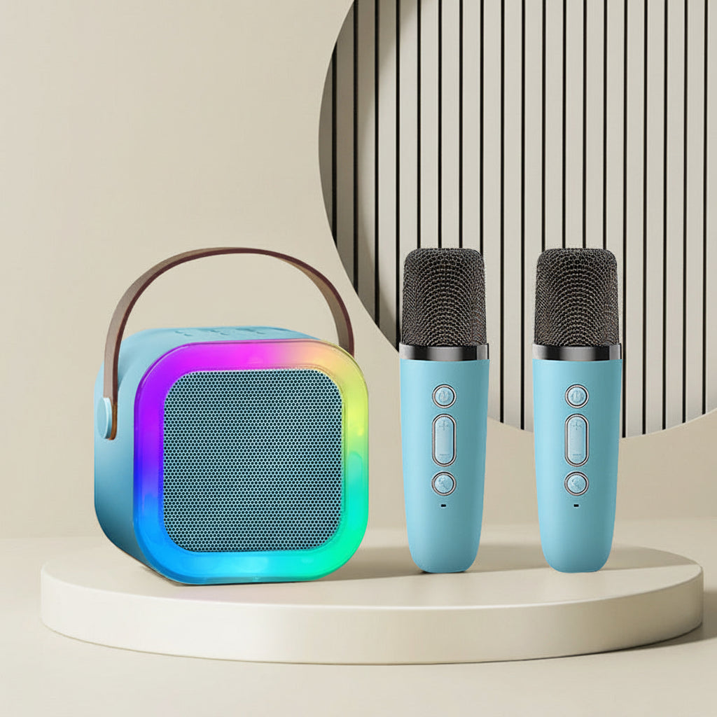 Colorful speaker and two microphones on a neutral background.
