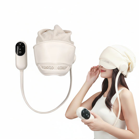 White head massager with a woman using it on a white background.
