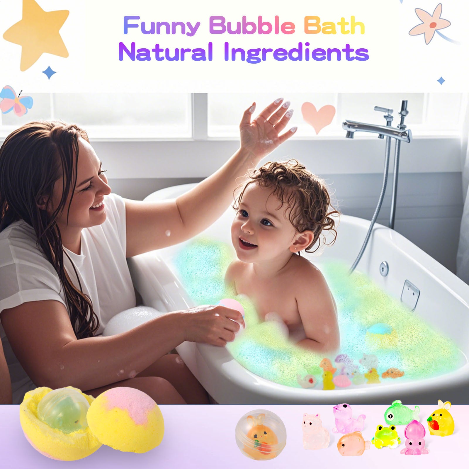 Woman and child in a bathtub with colorful bubbles and bath toys, promoting 'Funny Bubble Bath' with natural ingredients.