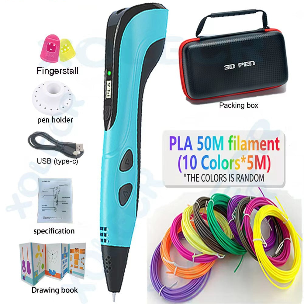 3D pen set with accessories including pen, filament, carrying case, and specifications on a white background.