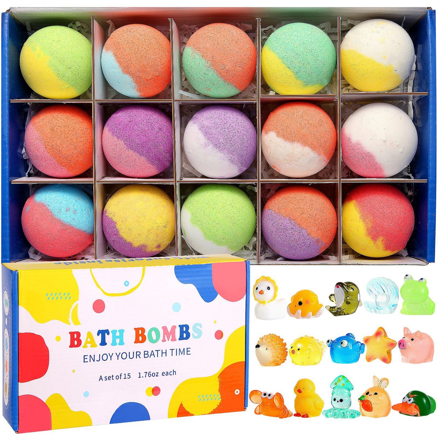 Colorful bath bombs in a box with a colorful packaging design.