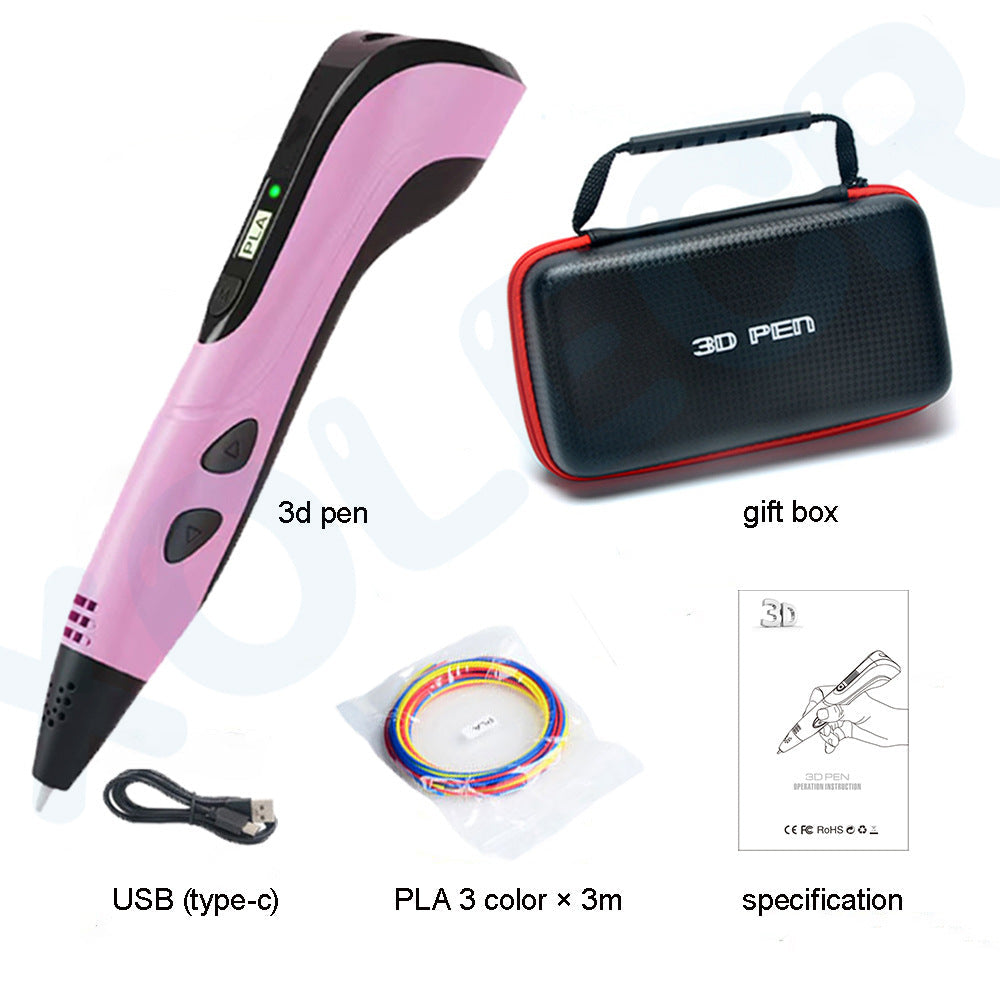 Pink 3D pen with accessories including a carrying case, USB cable, PLA filament, and specifications on a white background.
