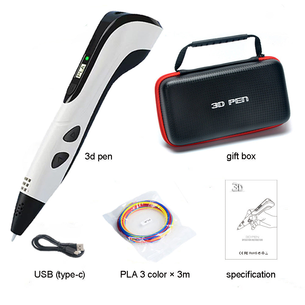 3D pen with USB cable, PLA filament, and carrying case on a white background