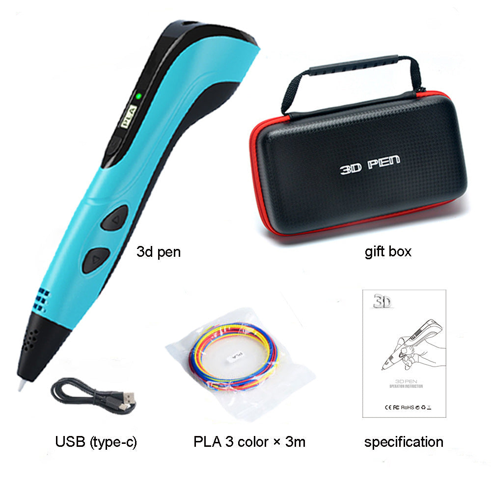 3D pen with USB cable, PLA filament, and carrying case on a white background