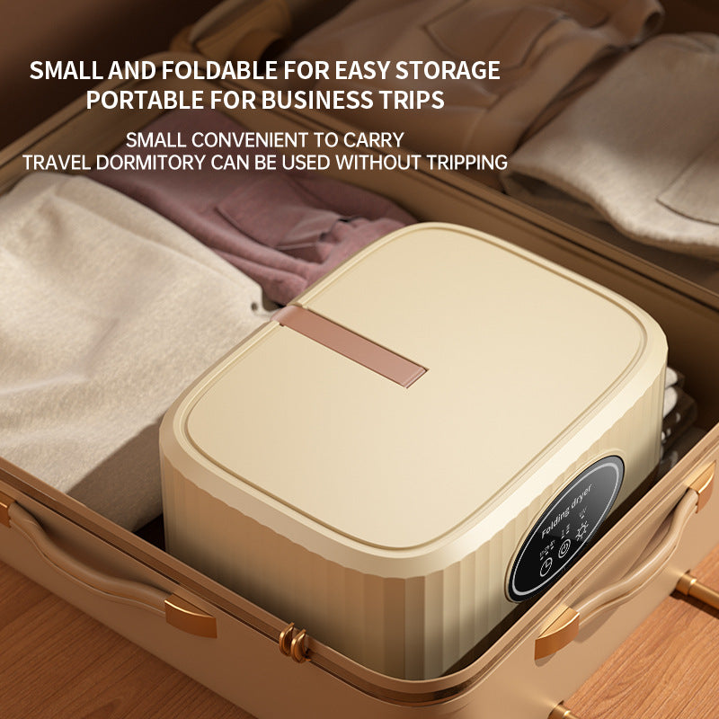 Small foldable storage clothes dryer in an open suitcase with text about its portability and convenience.