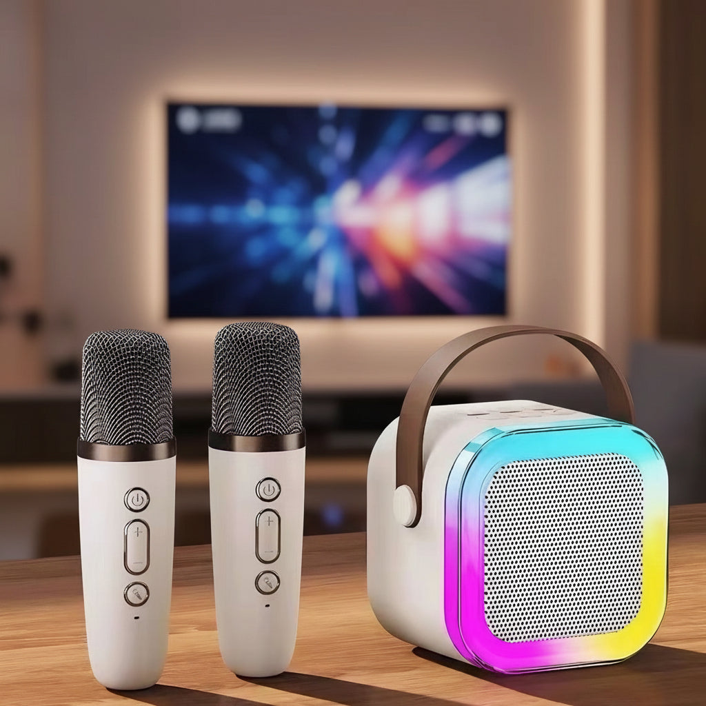 Two microphones and a portable speaker on a wooden surface.