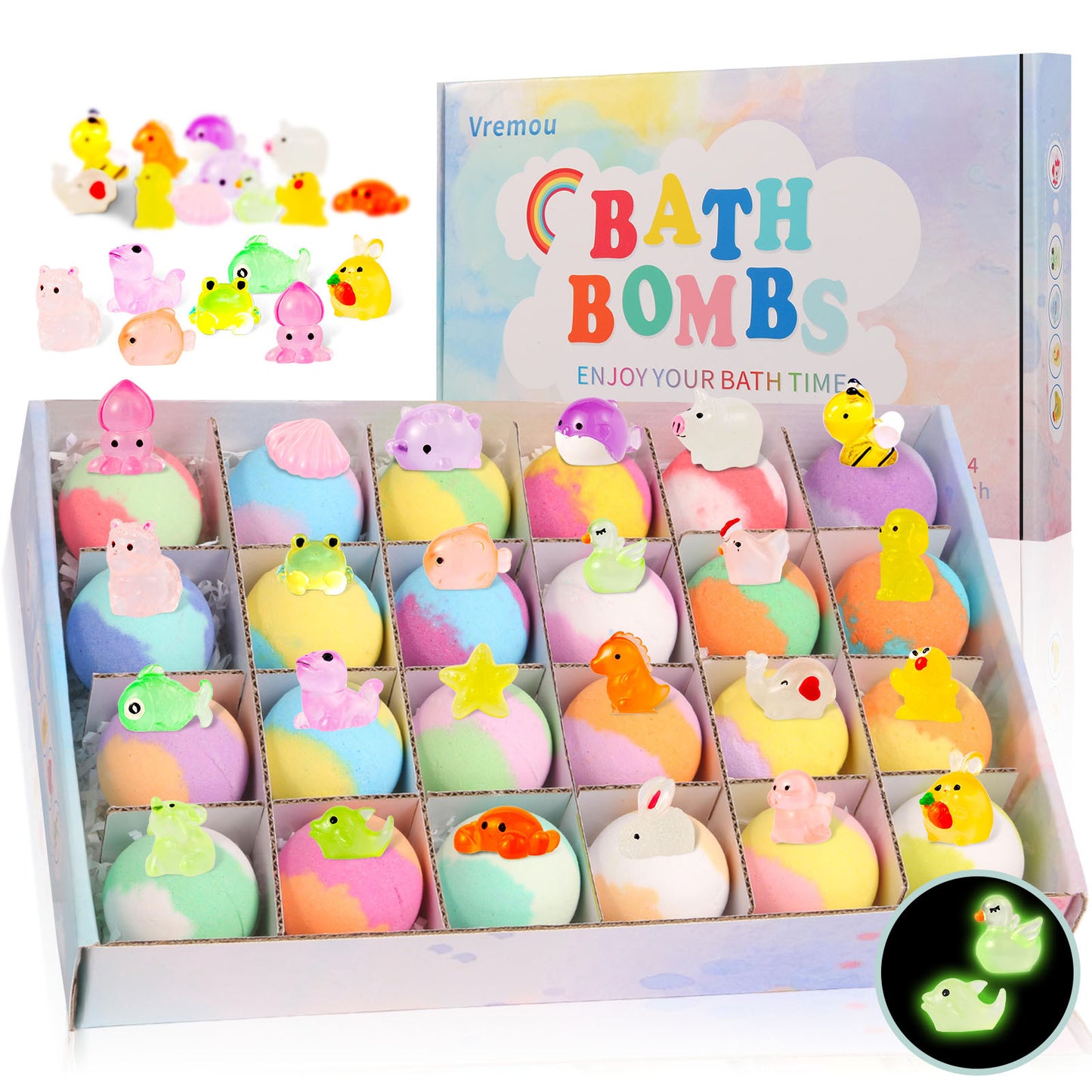 Box of colorful bath bombs with featuring various animal shapes.
