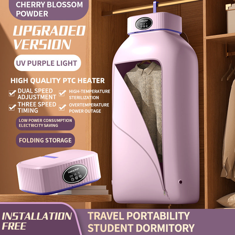Purple garment steamer with text highlighting features on a wooden background
