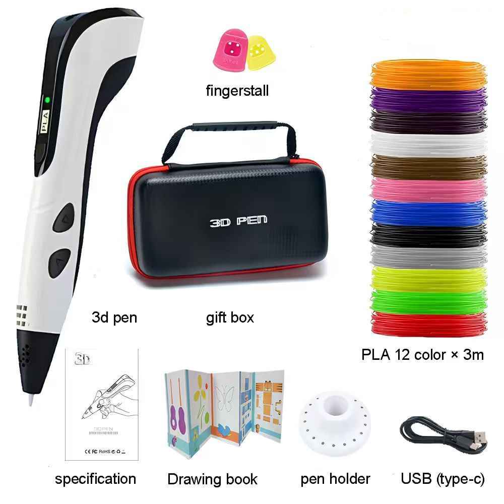 3D pen set with accessories including a gift box, drawing book, pen holder, and USB cable on a white background.