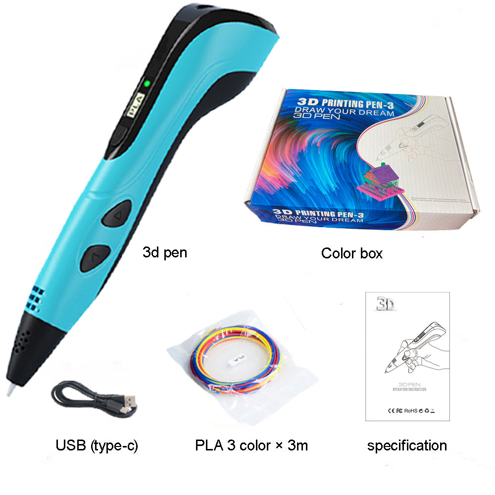Blue 3D printing pen with accessories on a white background