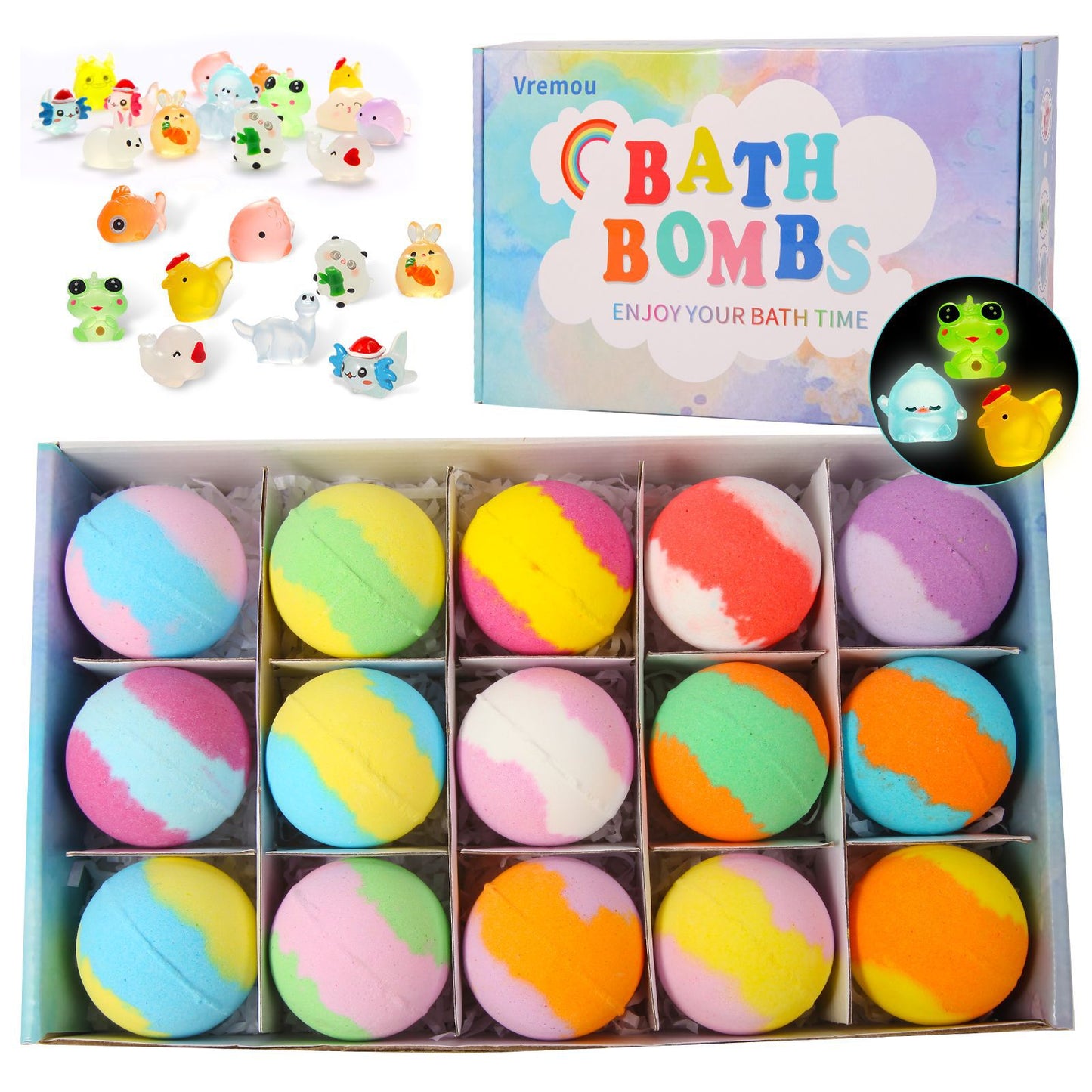 Box of colorful bath bombs with a box in the background.