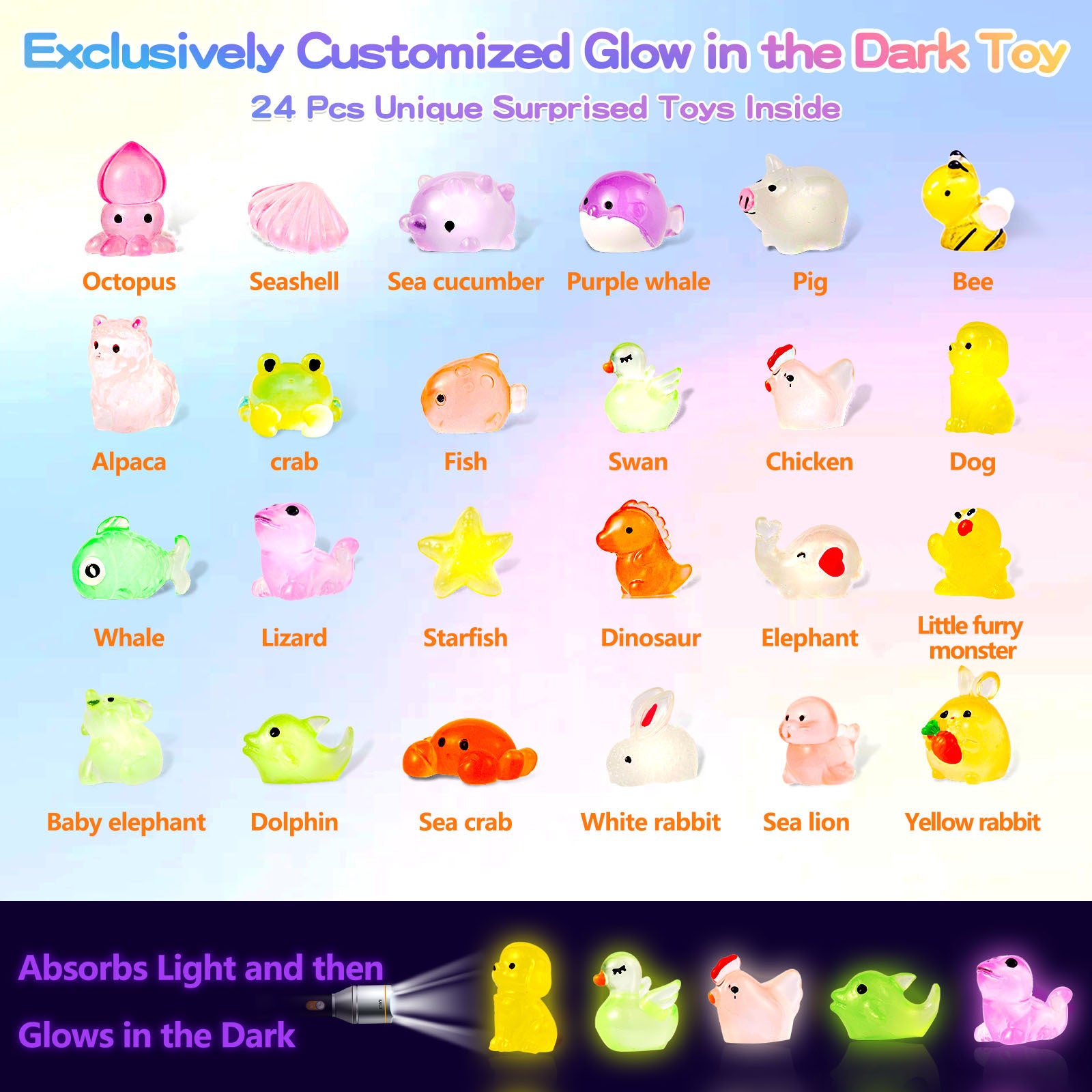 Glow in the dark toys with various animal shapes on a gradient background