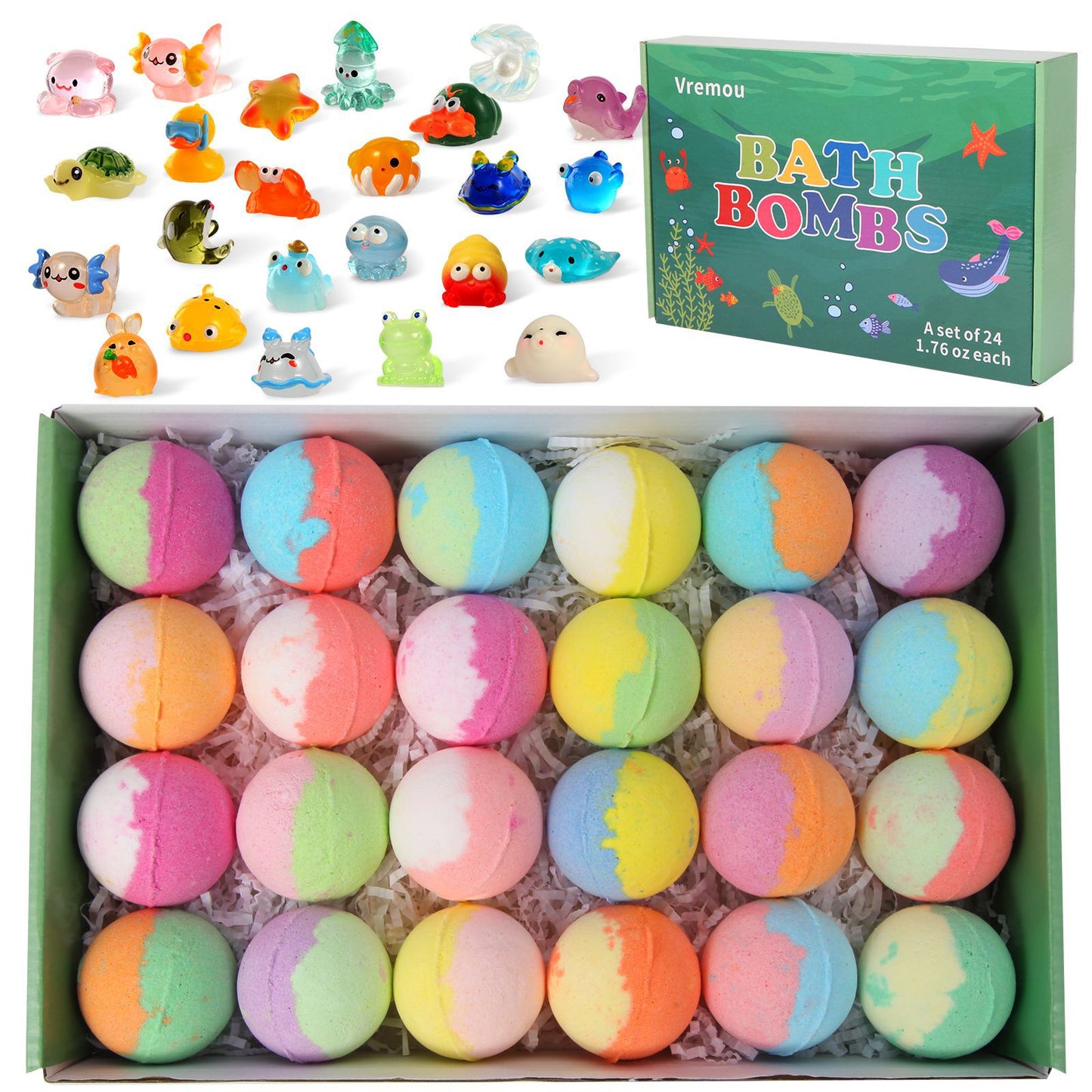 Box of colorful bath bombs with a box of bath bombs and toys on a white background