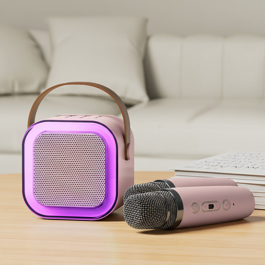 Pink portable speaker and two microphones on a wooden surface with a blurred background.