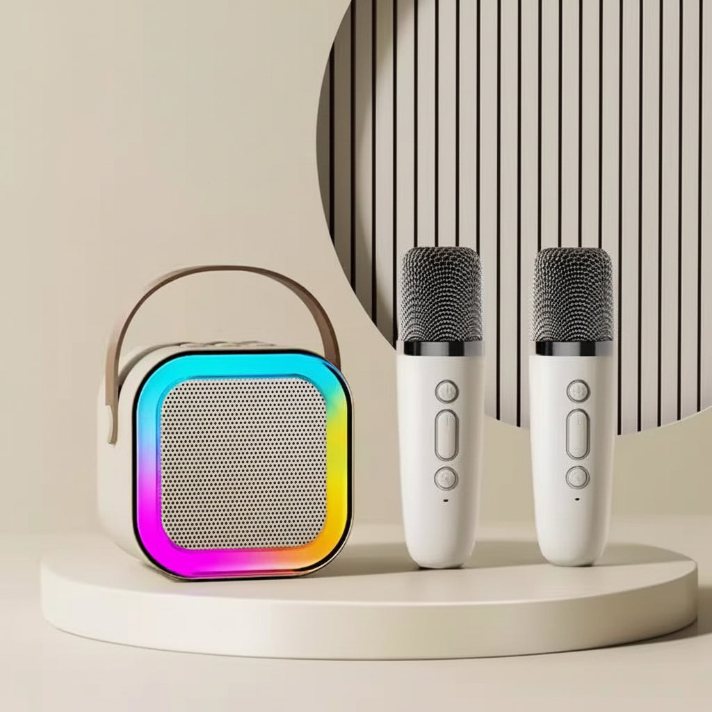 Two microphones and a colorful speaker on a neutral background with text overlay.