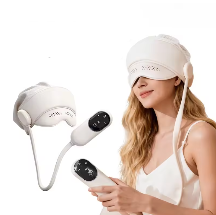 Woman wearing a white headband with electronic controls, accompanied by additional headband and control device on a white background.